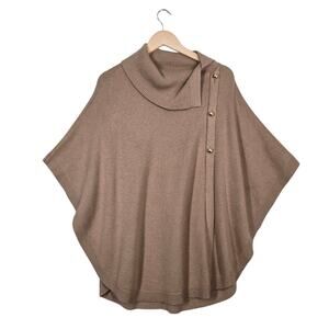 Talbots Cape Poncho Sweater sz M Tan Cotton Blend Cowl Neck Decorative Buttons